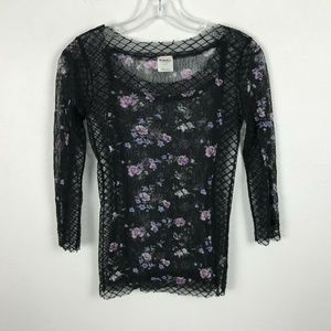 Free People Lace Quarter Sleeve Black Floral Top